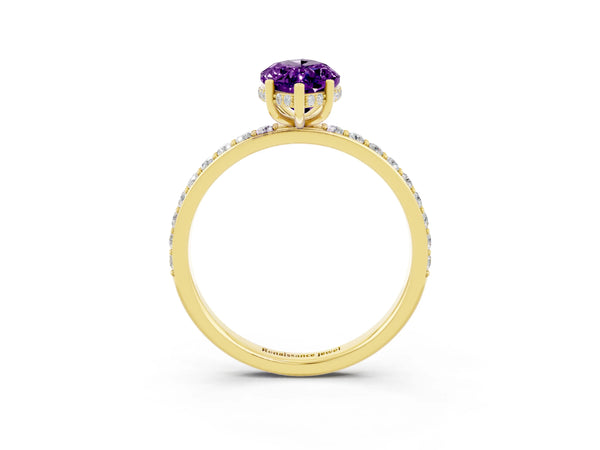 Yellow gold Marquise Cut Amethyst Solitaire Ring with Pavé Band and Hidden Halo