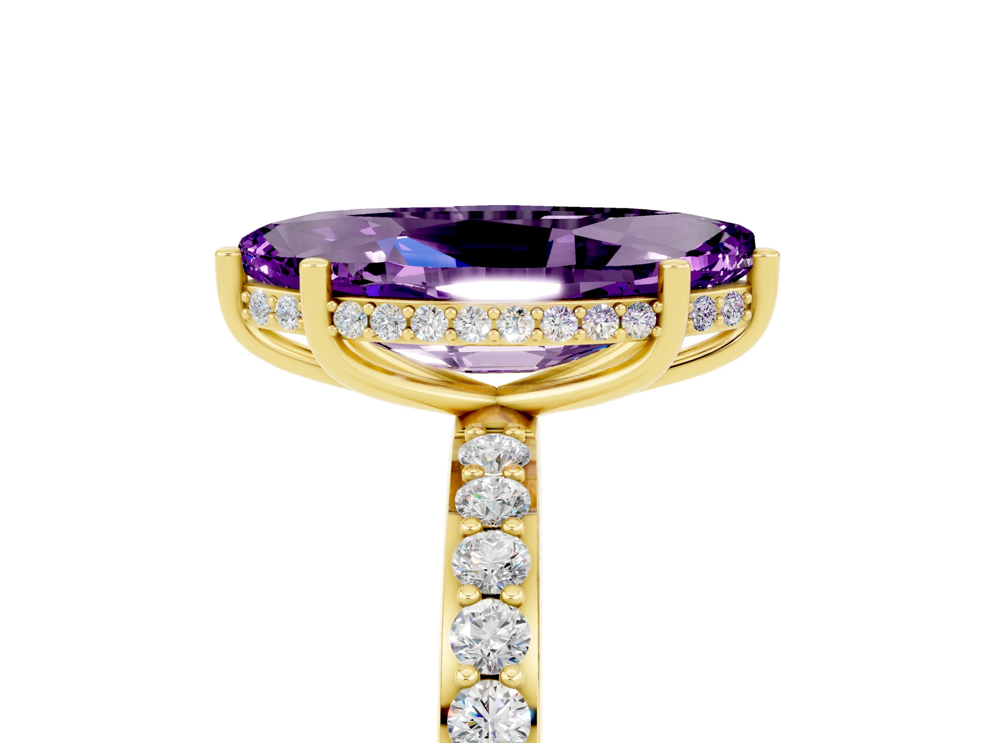 Yellow gold Marquise Cut Amethyst Solitaire Ring with Pavé Band and Hidden Halo_17