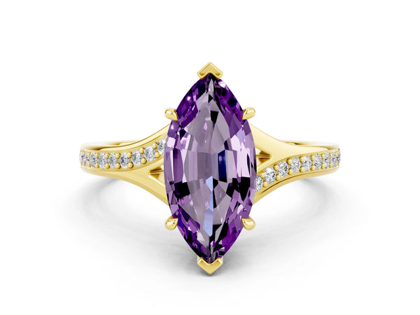 Yellow gold Marquise Cut Amethyst Solitaire Ring with Pavé Band and Prong Setting