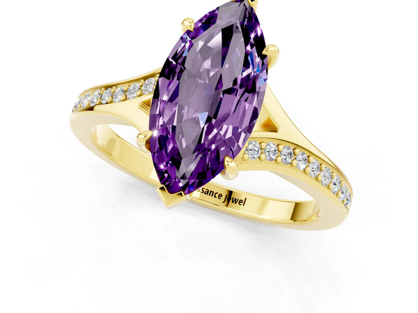 Yellow gold Marquise Cut Amethyst Solitaire Ring with Pavé Band and Prong Setting