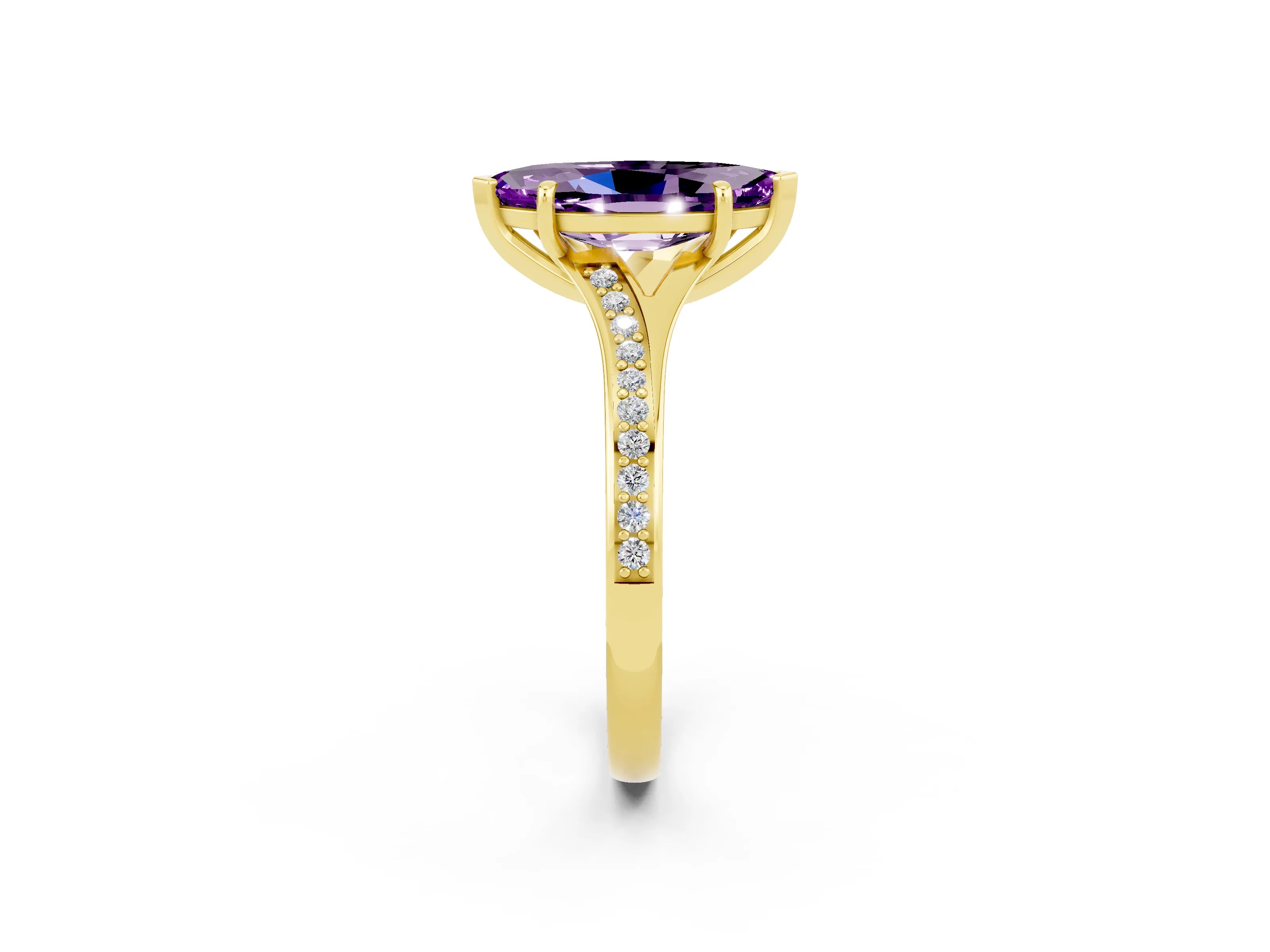 Yellow gold Marquise Cut Amethyst Solitaire Ring with Pavé Band and Prong Setting_14