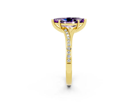 Yellow gold Marquise Cut Amethyst Solitaire Ring with Pavé Band and Prong Setting_14