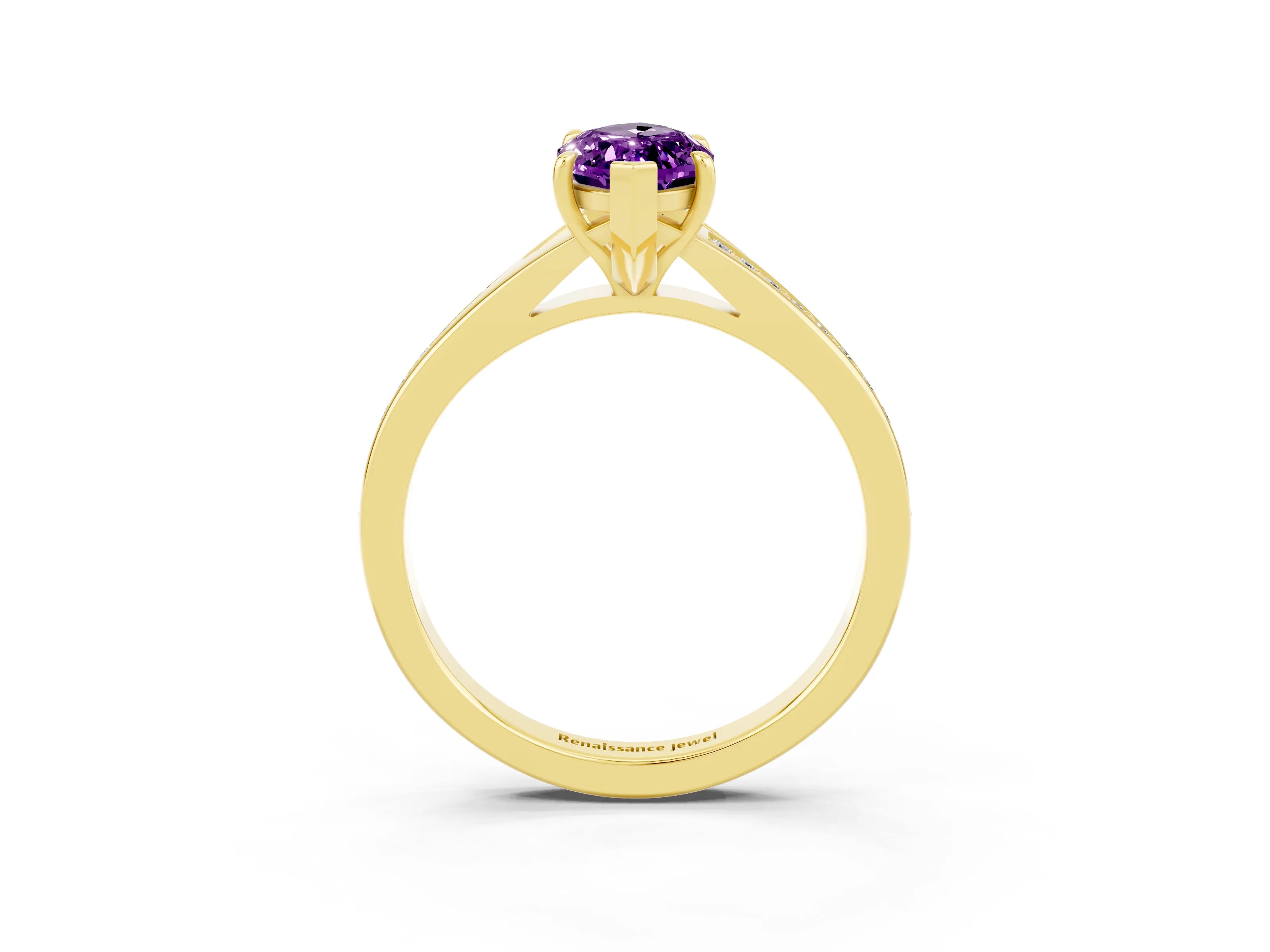Yellow gold Marquise Cut Amethyst Solitaire Ring with Pavé Band and Prong Setting_15