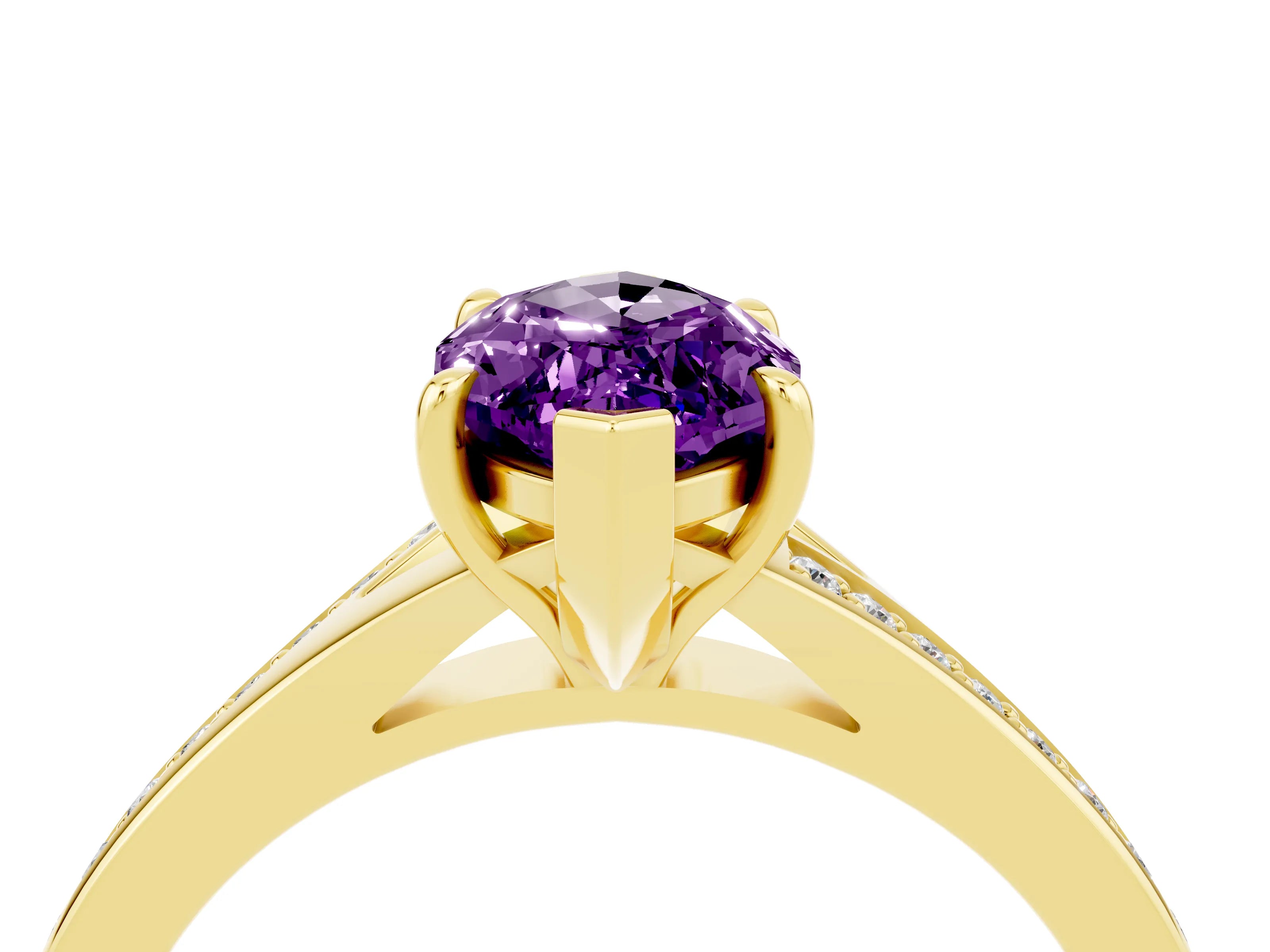 Yellow gold Marquise Cut Amethyst Solitaire Ring with Pavé Band and Prong Setting_16