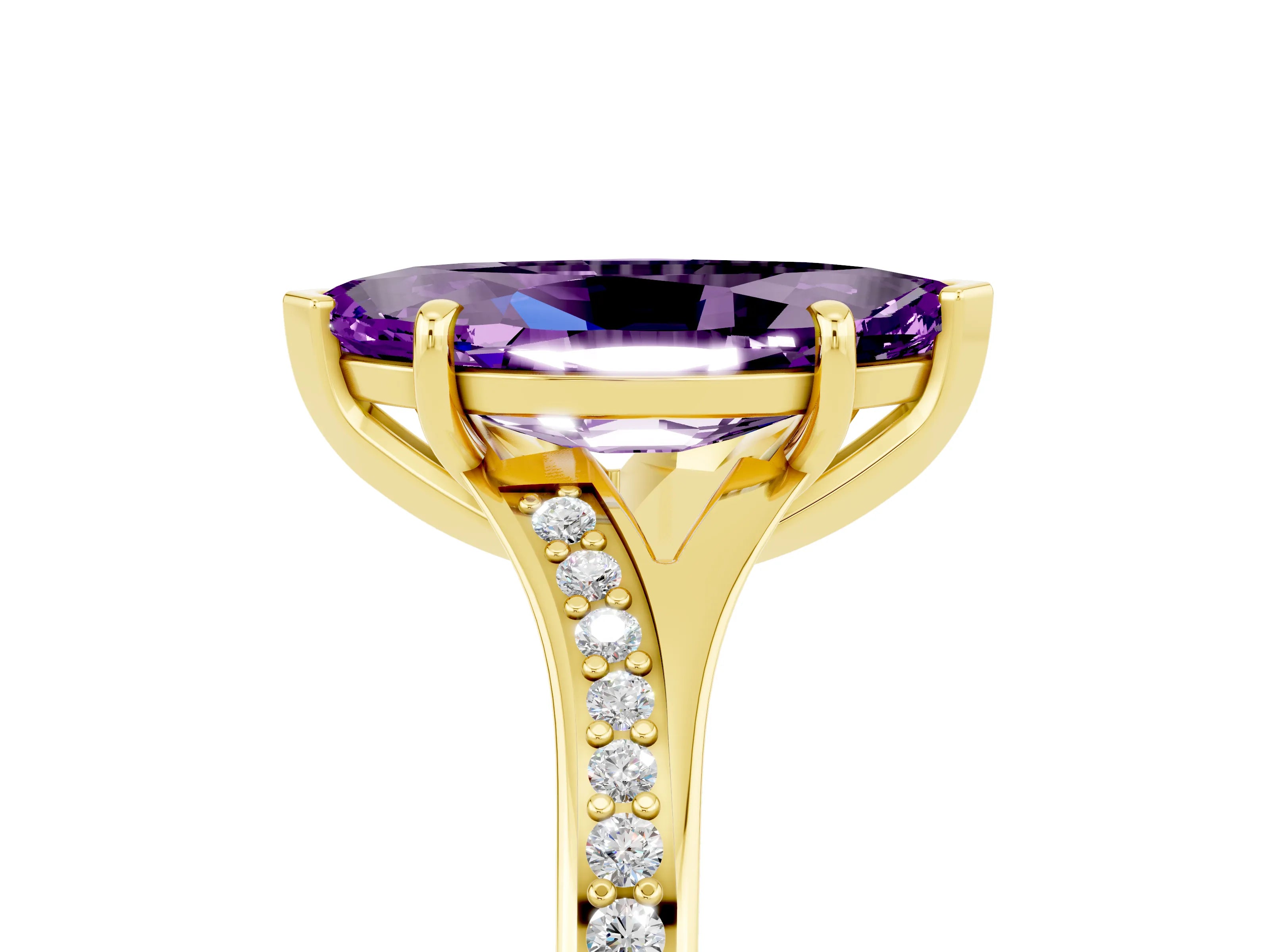 Yellow gold Marquise Cut Amethyst Solitaire Ring with Pavé Band and Prong Setting_17