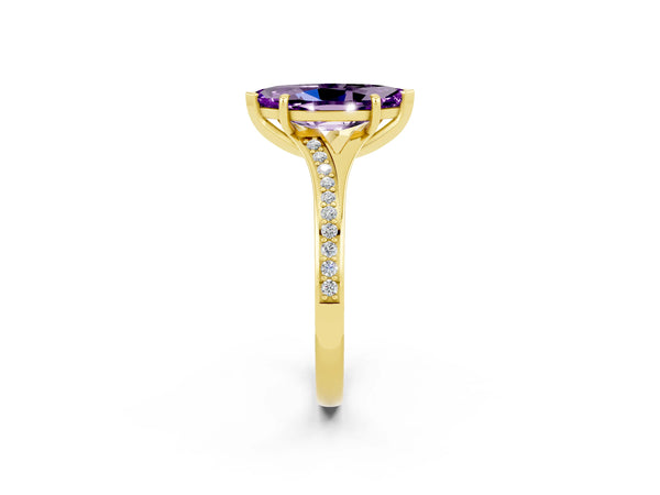 Yellow gold Marquise Cut Amethyst Solitaire Ring with Pavé Band and Prong Setting