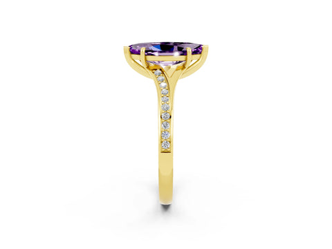 Yellow gold Marquise Cut Amethyst Solitaire Ring with Pavé Band and Prong Setting_2