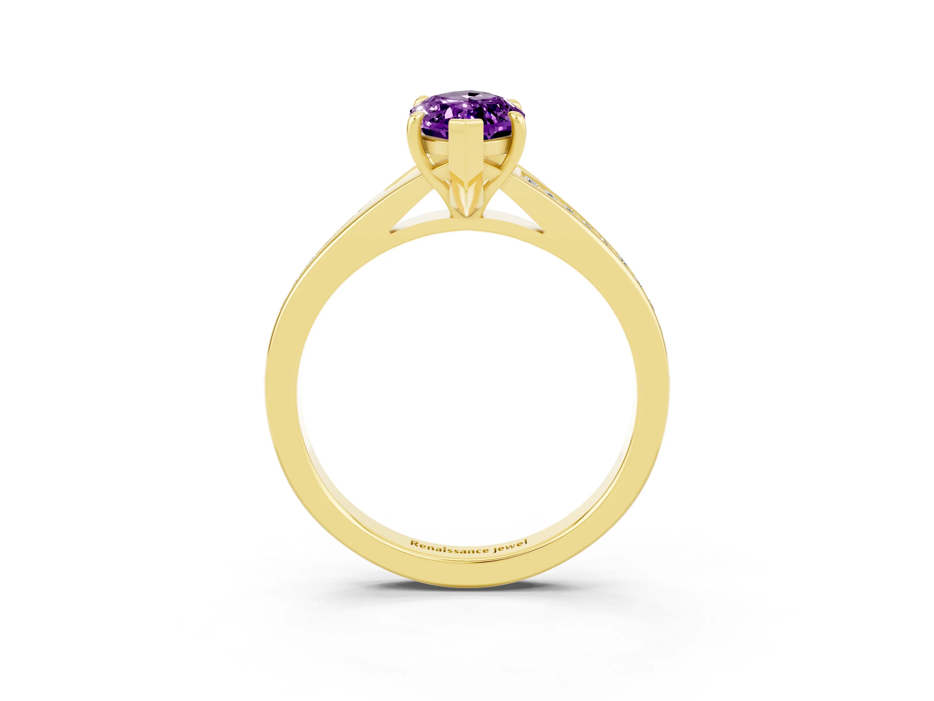 Yellow gold Marquise Cut Amethyst Solitaire Ring with Pavé Band and Prong Setting_3