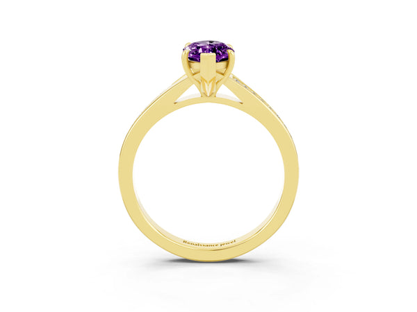 Yellow gold Marquise Cut Amethyst Solitaire Ring with Pavé Band and Prong Setting