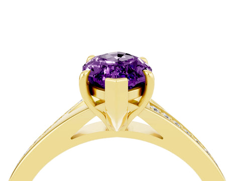 Yellow gold Marquise Cut Amethyst Solitaire Ring with Pavé Band and Prong Setting_4