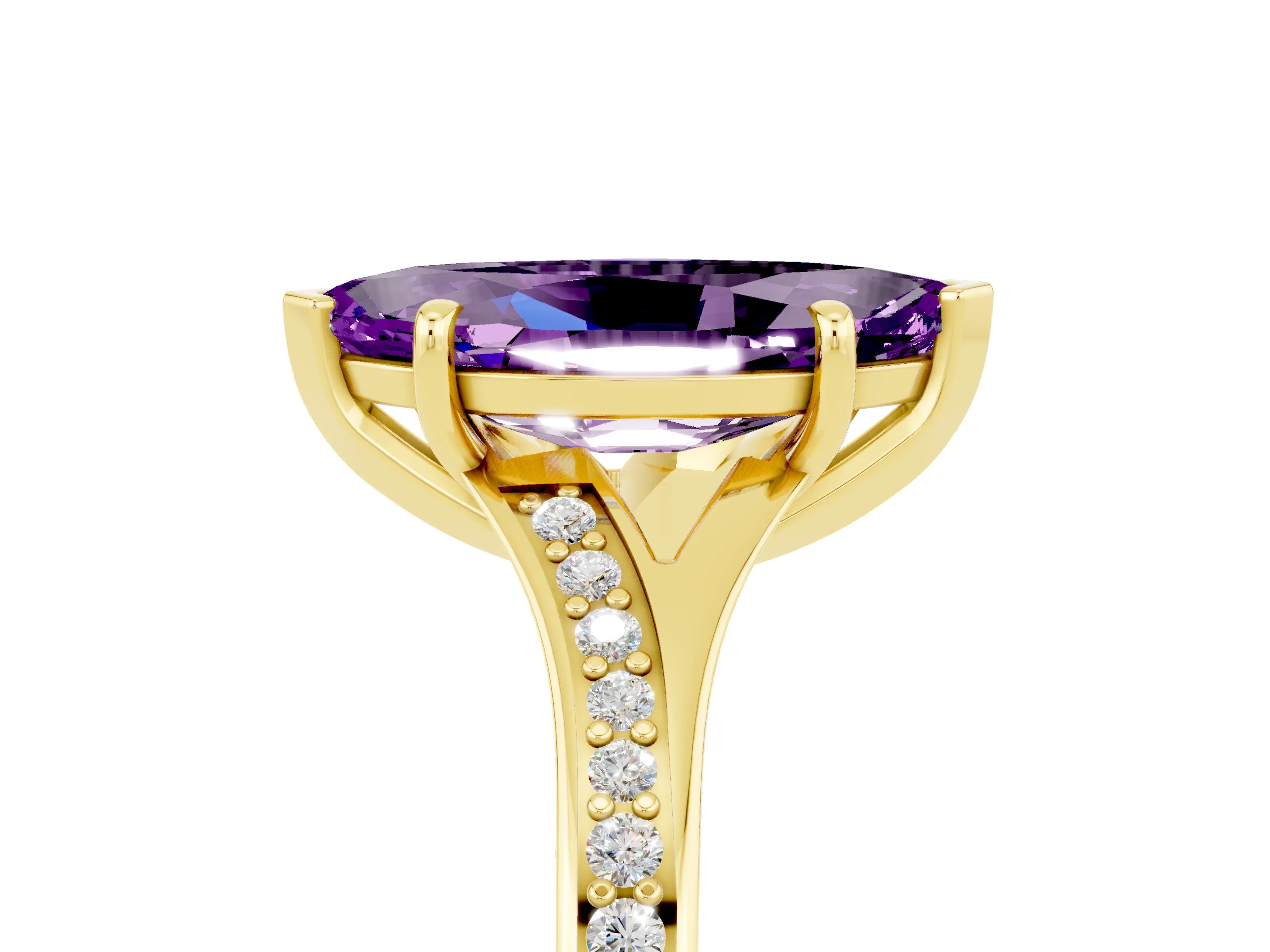 Yellow gold Marquise Cut Amethyst Solitaire Ring with Pavé Band and Prong Setting_5
