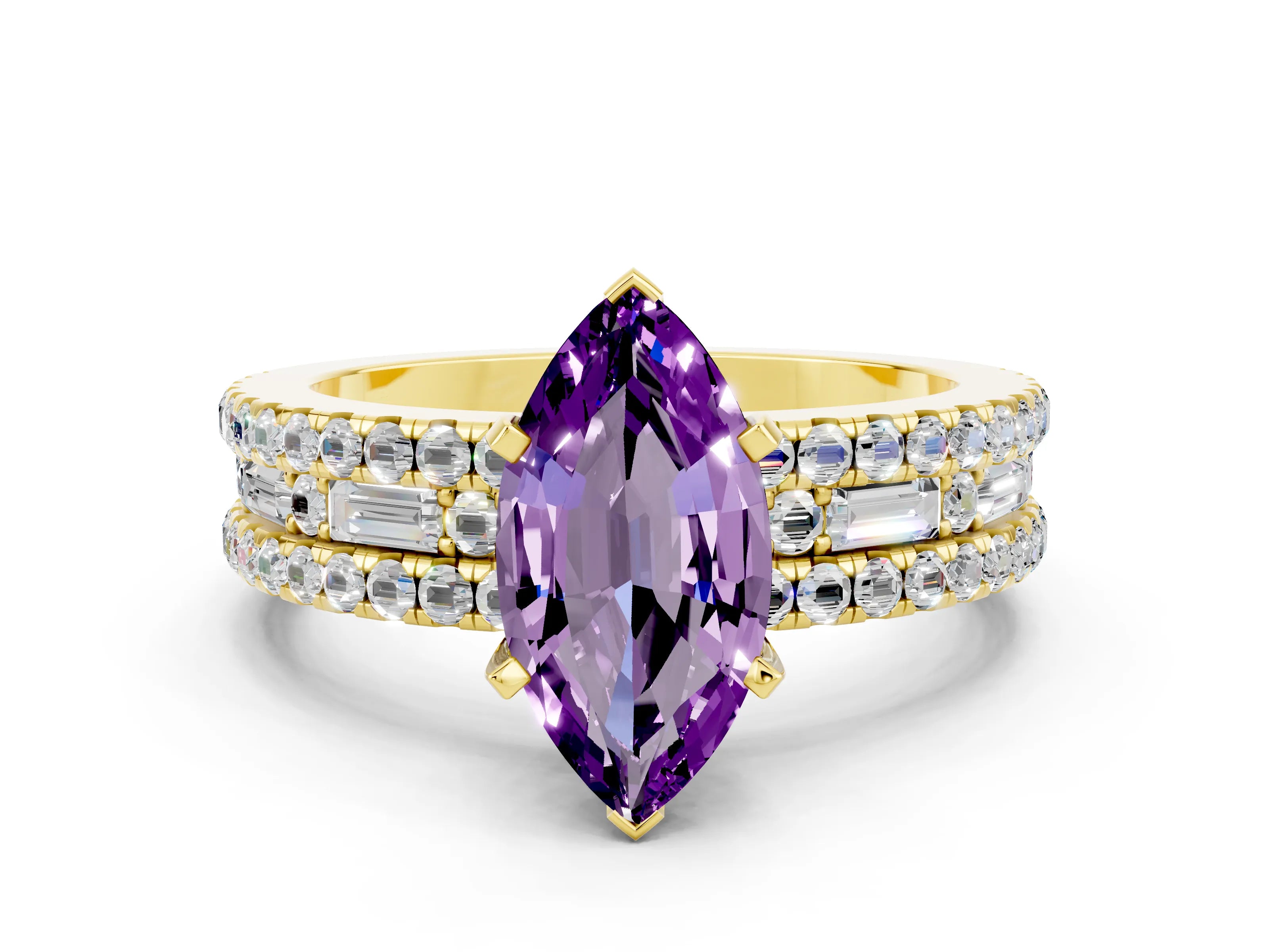 Yellow gold Marquise Cut Amethyst Solitaire Ring with Pavé and Channel Set Band