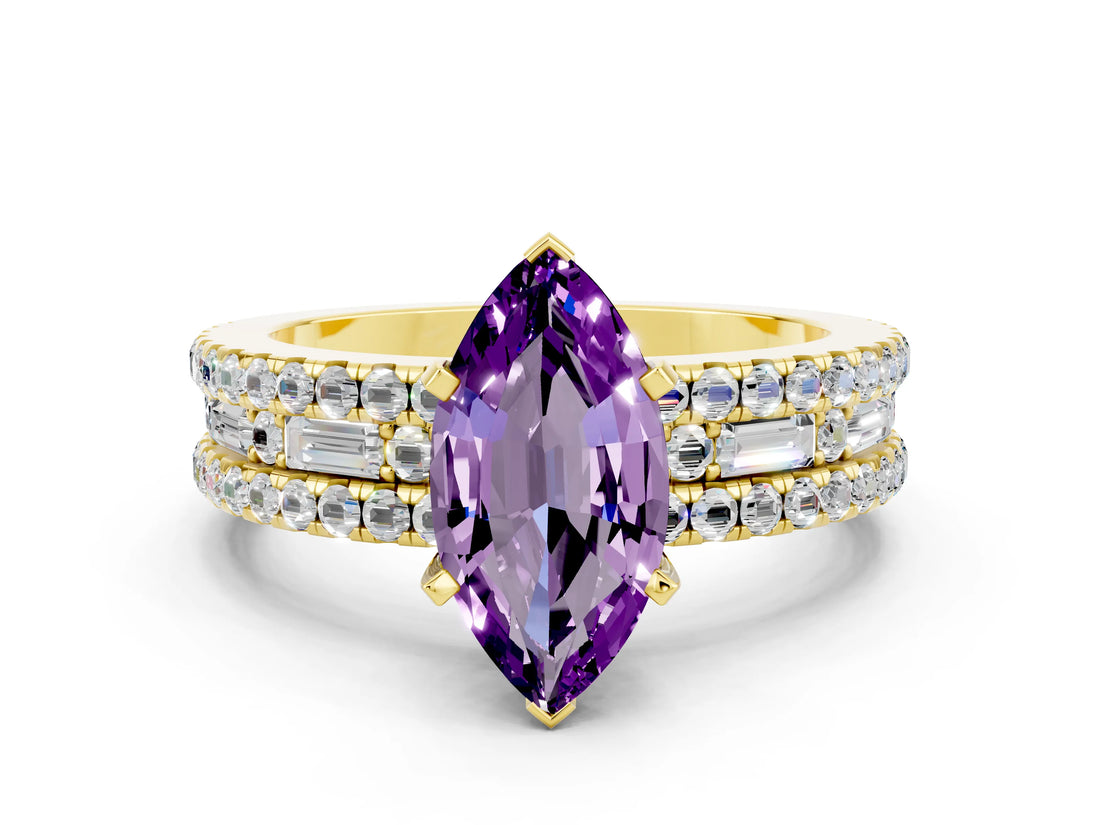 Yellow gold Marquise Cut Amethyst Solitaire Ring with Pavé and Channel Set Band