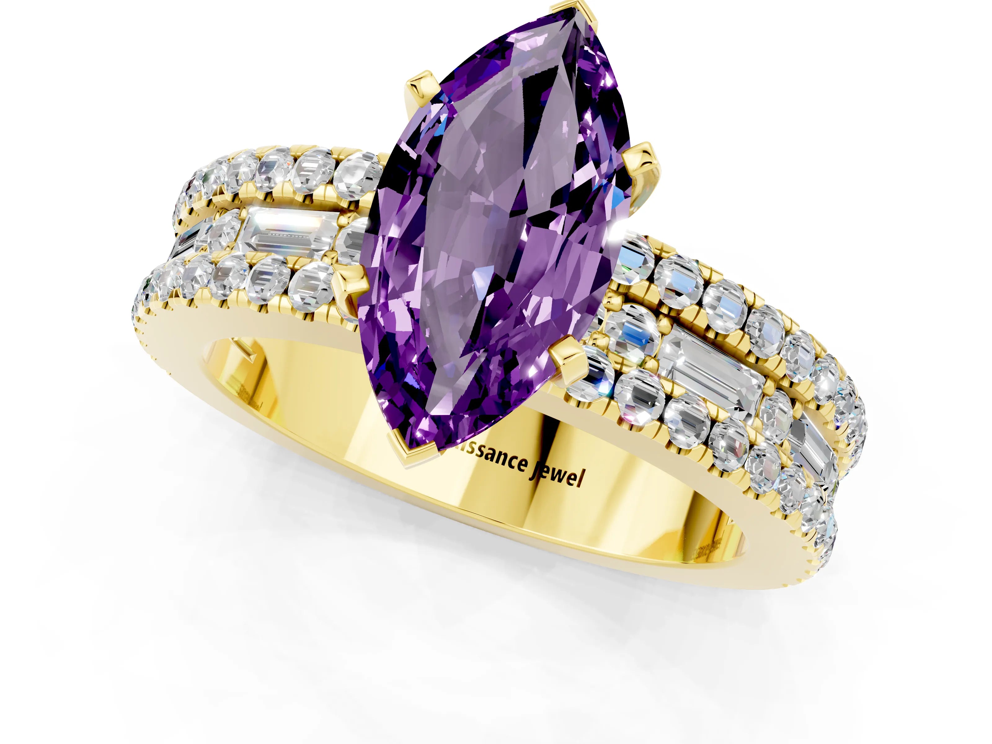 Yellow gold Marquise Cut Amethyst Solitaire Ring with Pavé and Channel Set Band_1