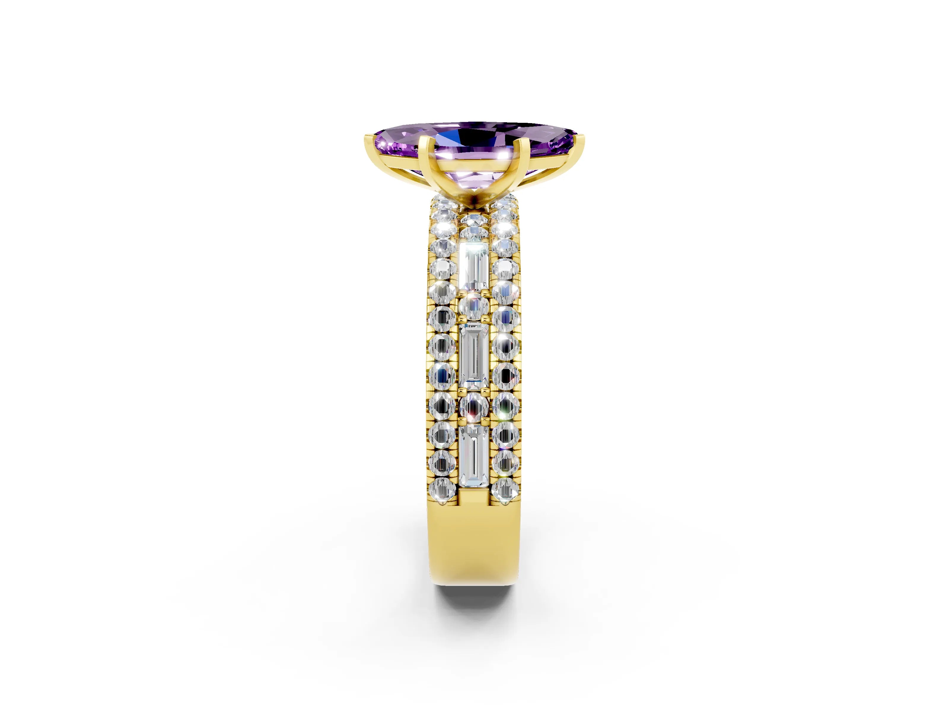 Yellow gold Marquise Cut Amethyst Solitaire Ring with Pavé and Channel Set Band_2