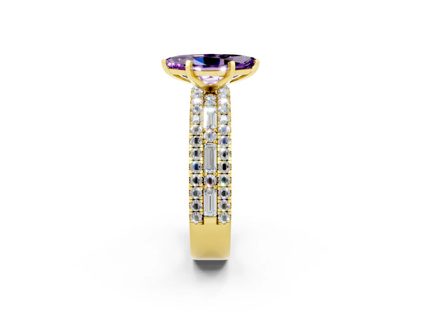 Yellow gold Marquise Cut Amethyst Solitaire Ring with Pavé and Channel Set Band