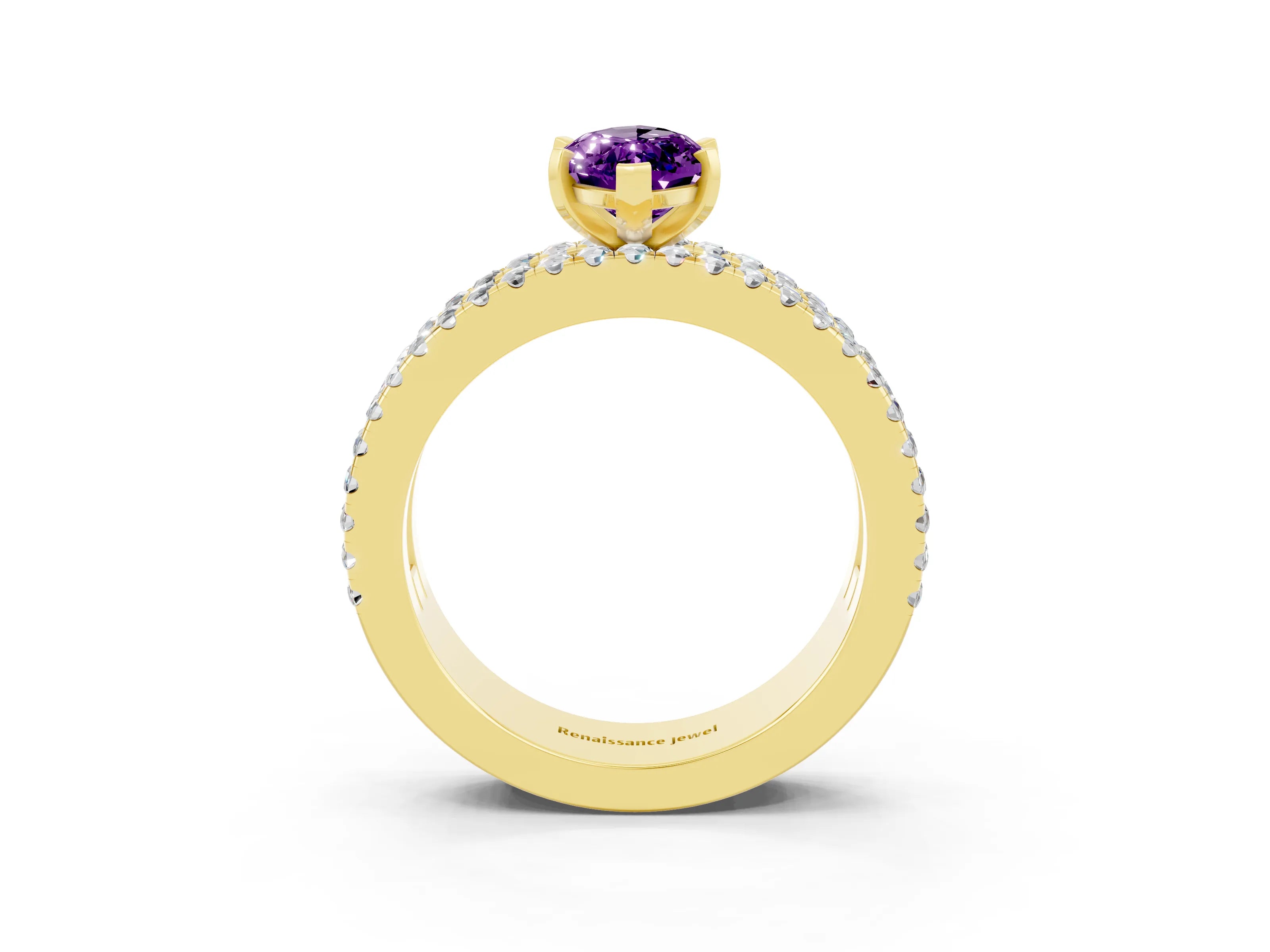 Yellow gold Marquise Cut Amethyst Solitaire Ring with Pavé and Channel Set Band_3