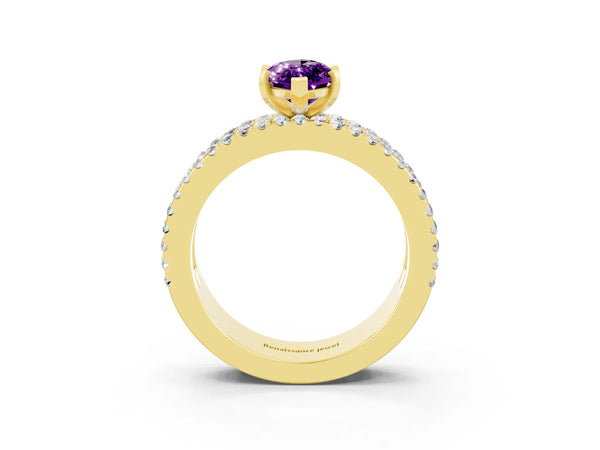 Yellow gold Marquise Cut Amethyst Solitaire Ring with Pavé and Channel Set Band