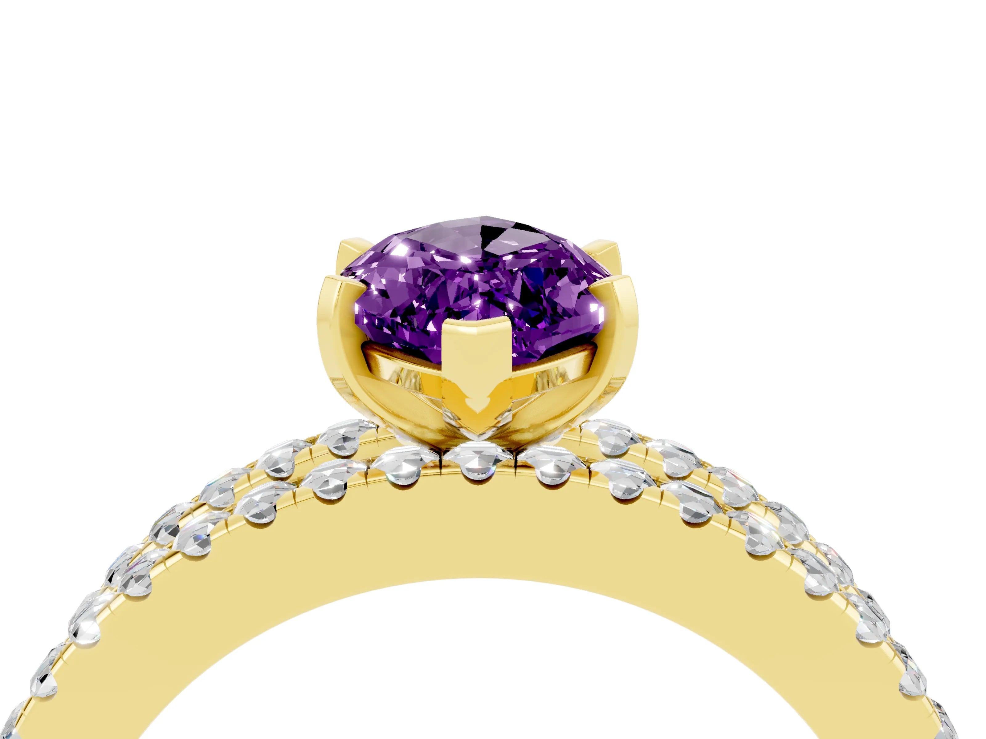 Yellow gold Marquise Cut Amethyst Solitaire Ring with Pavé and Channel Set Band_4