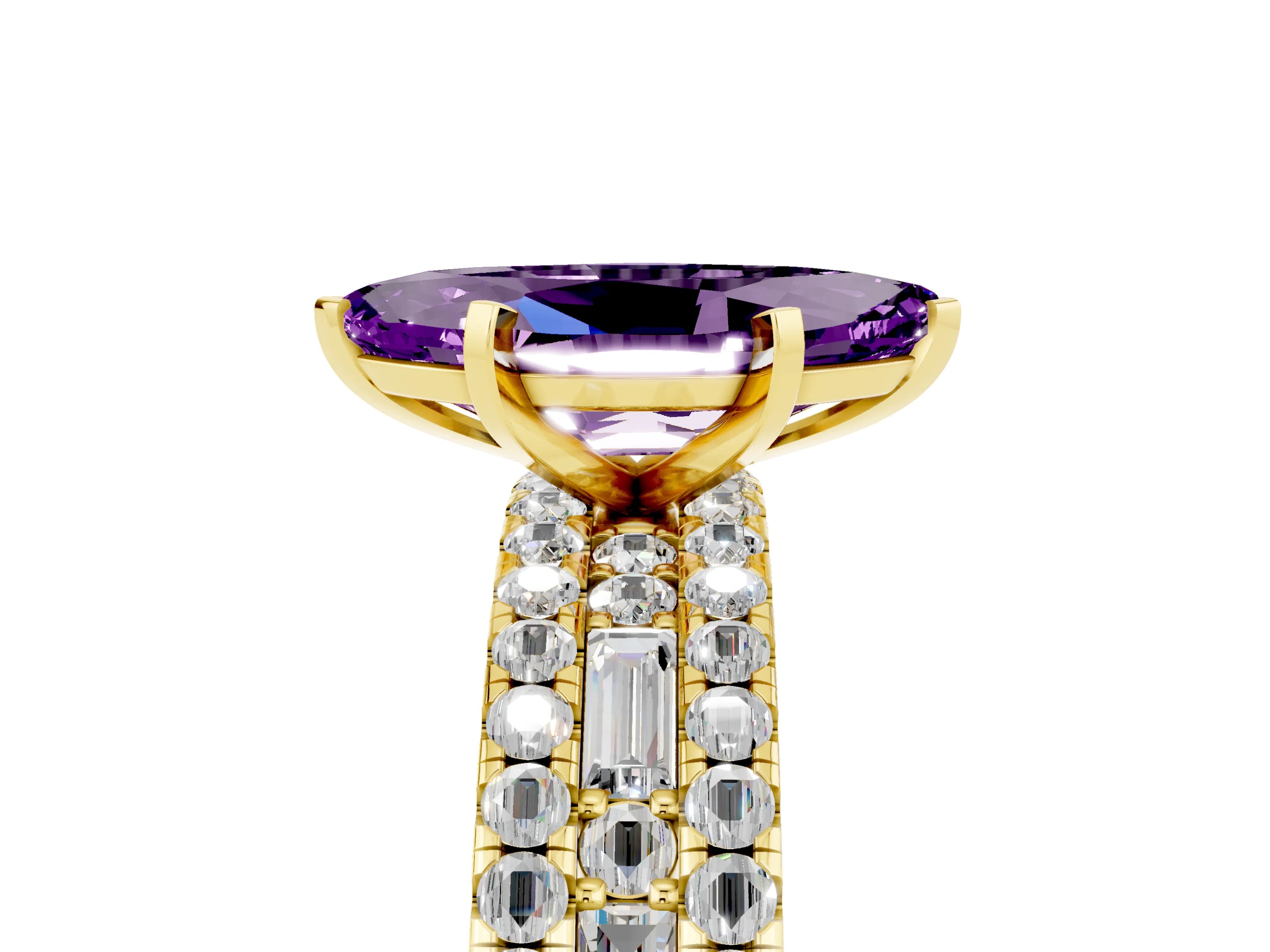 Yellow gold Marquise Cut Amethyst Solitaire Ring with Pavé and Channel Set Band_5