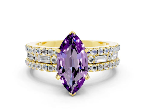 Yellow gold Marquise Cut Amethyst Solitaire Ring with Pavé and Channel Set Band