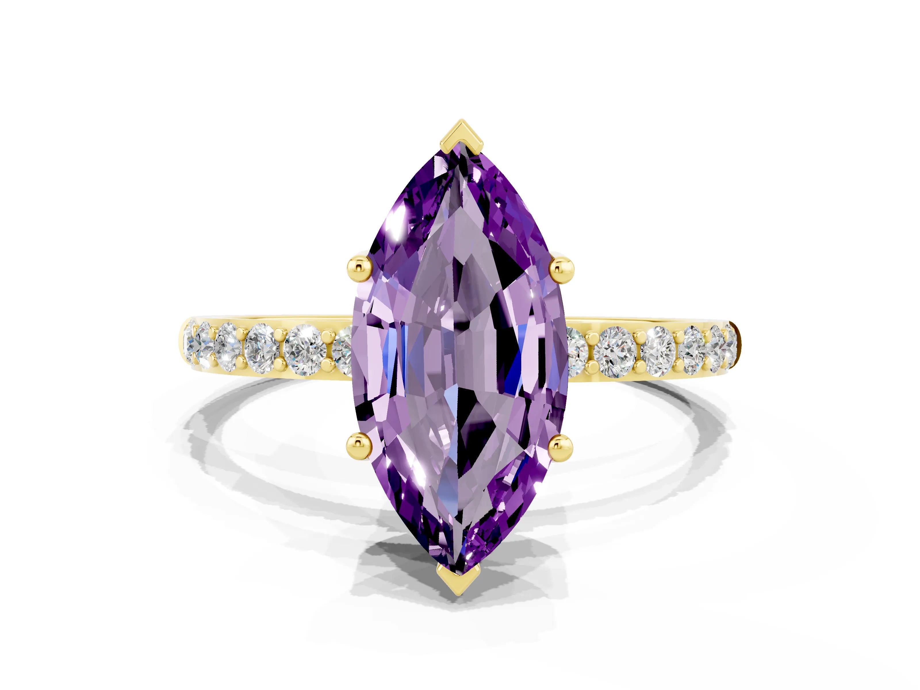 Yellow gold Marquise Cut Amethyst Solitaire Ring with Pave Band and Four Prong Setting_24