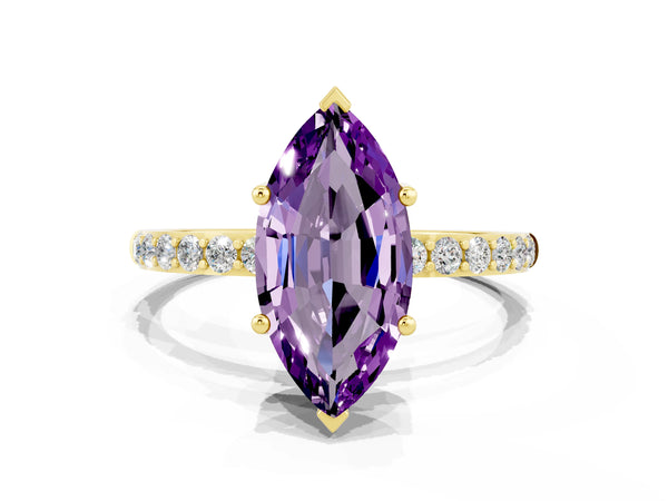 Yellow gold Marquise Cut Amethyst Solitaire Ring with Round  Pavé Band and Prong Setting