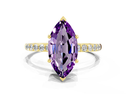 Yellow gold Marquise Cut Amethyst Solitaire Ring with Pave Band and Four Prong Setting_24