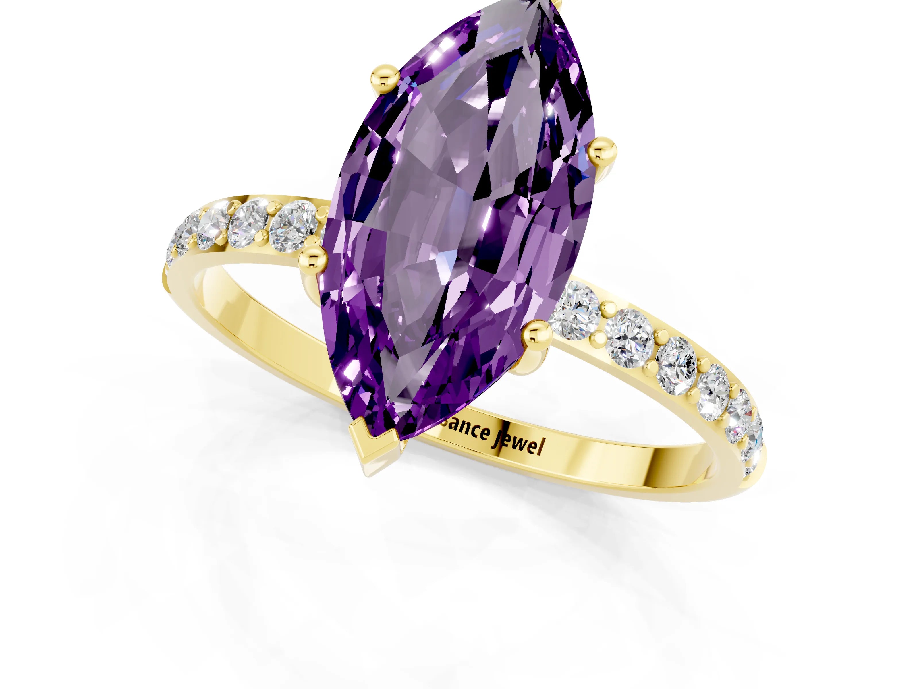 Yellow gold Marquise Cut Amethyst Solitaire Ring with Pave Band and Four Prong Setting_25
