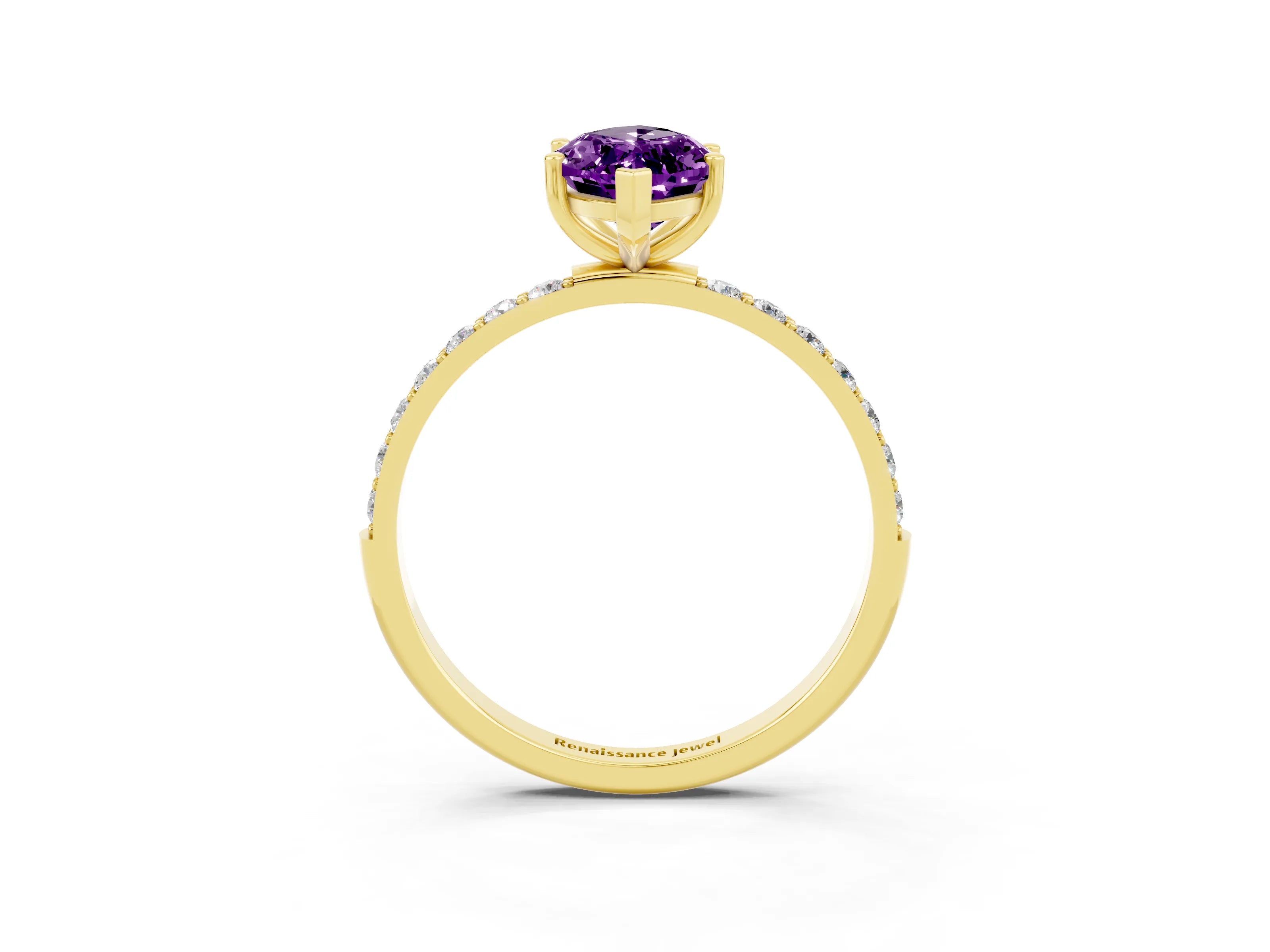 Yellow gold Marquise Cut Amethyst Solitaire Ring with Pave Band and Four Prong Setting_27