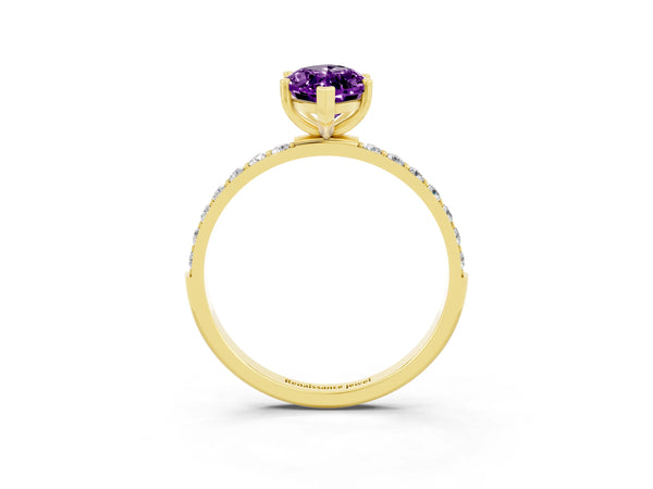 Yellow gold Marquise Cut Amethyst Solitaire Ring with Round  Pavé Band and Prong Setting