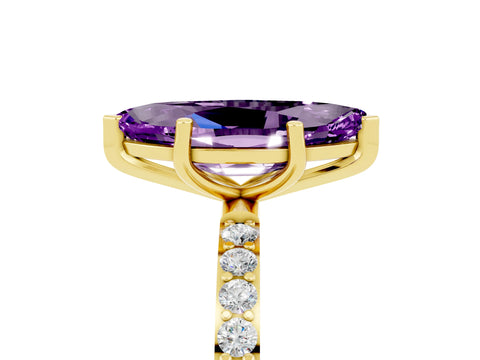 Yellow gold Marquise Cut Amethyst Solitaire Ring with Pave Band and Four Prong Setting_29