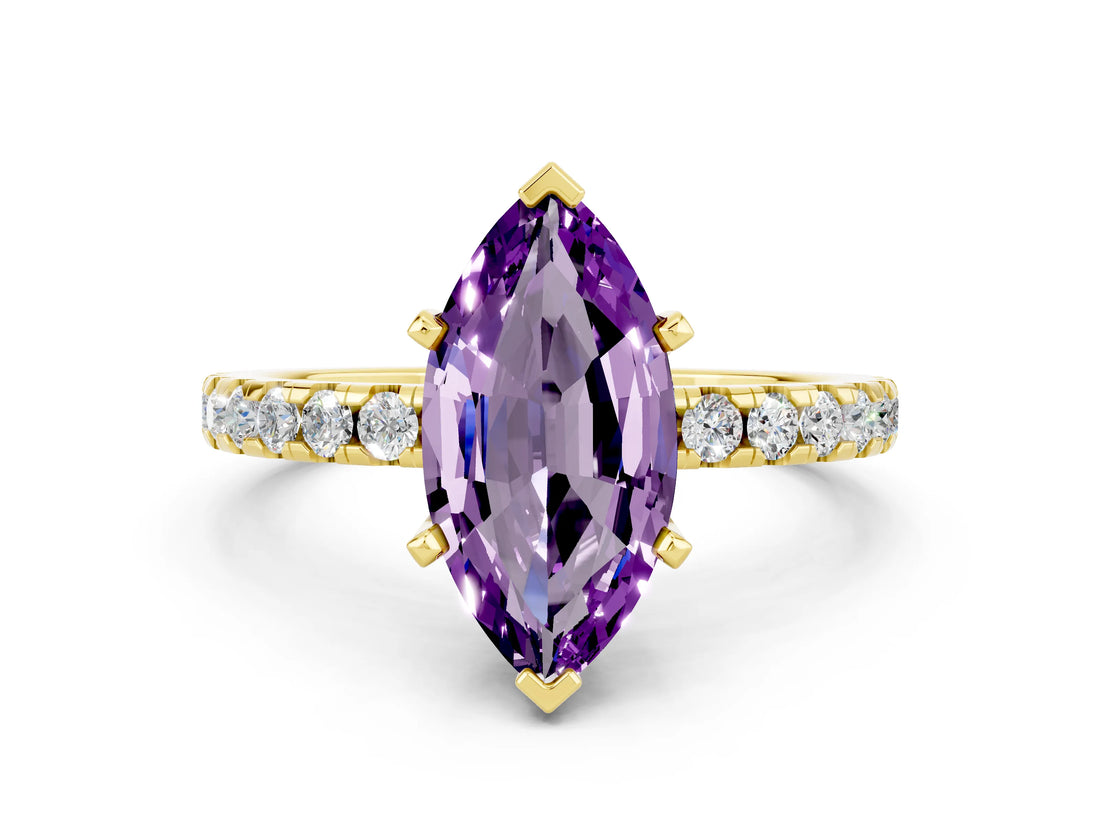 Yellow gold Marquise Cut Amethyst Solitaire Ring with Round  Pavé Band and Four-Prong Setting_36