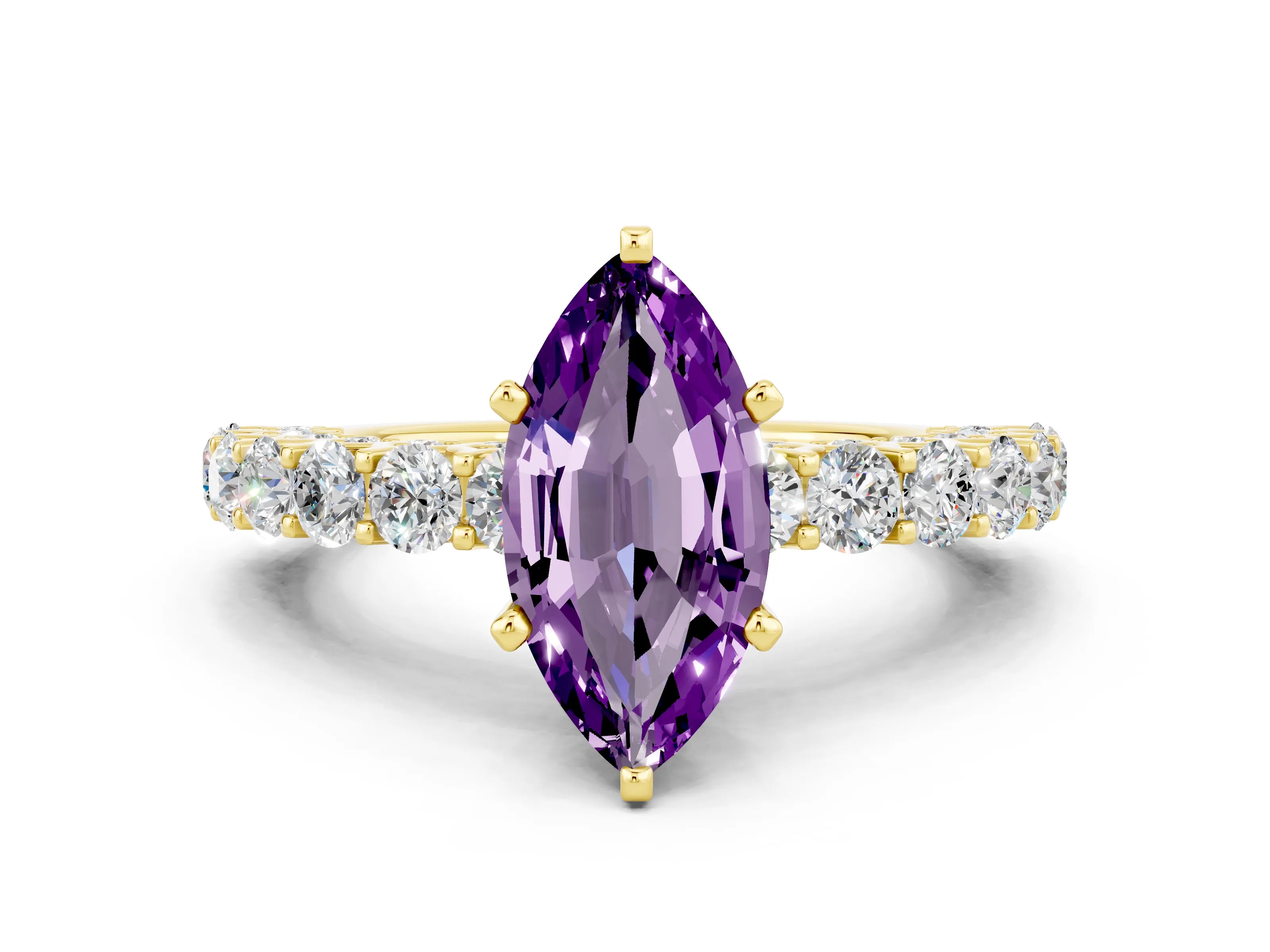 Yellow gold Marquise Cut Amethyst Solitaire Ring with Shared Prong Pavé Band and Four-Prong Setting
