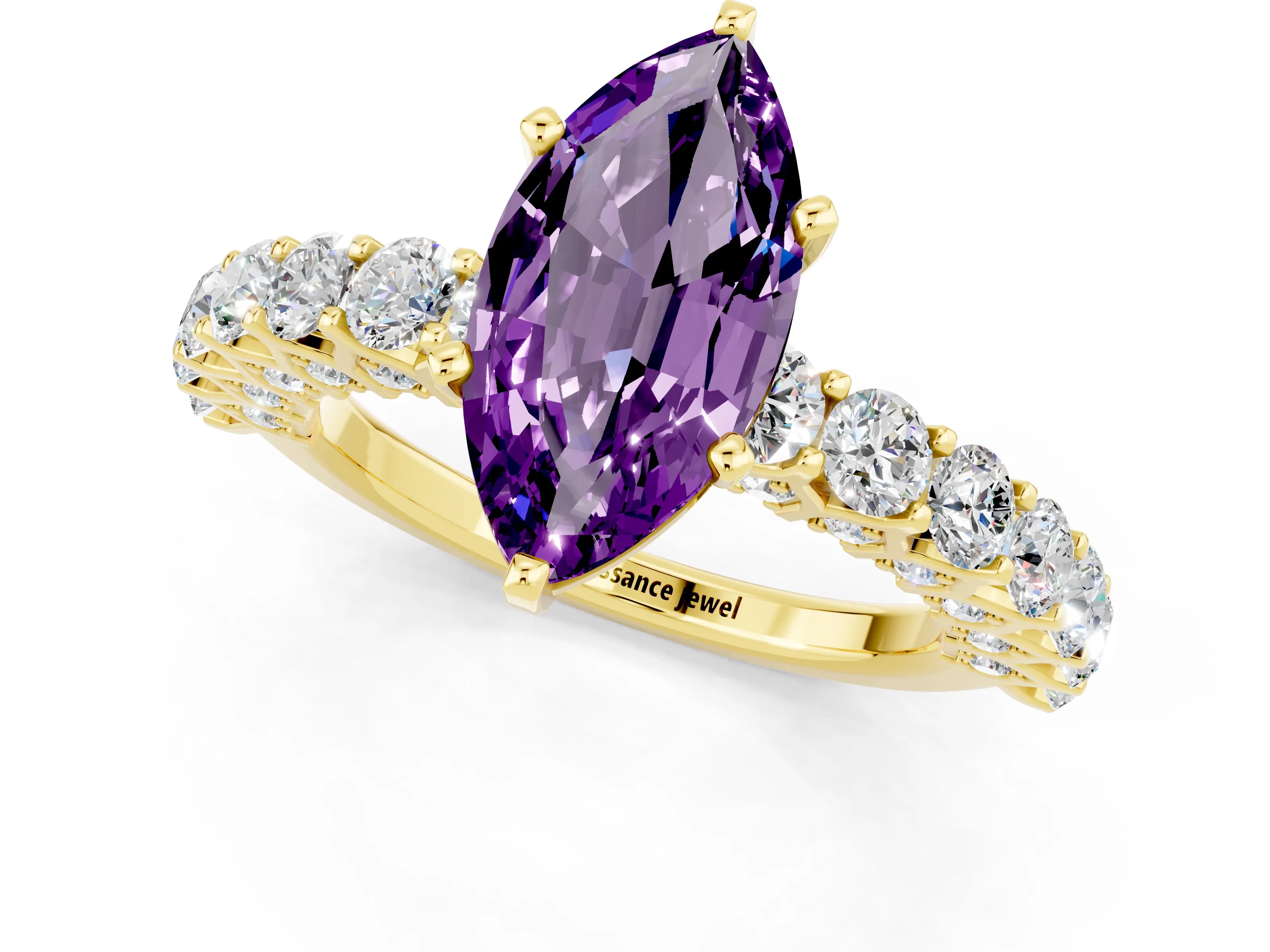 Yellow gold Marquise Cut Amethyst Solitaire Ring with Shared Prong Pavé Band and Four-Prong Setting_1