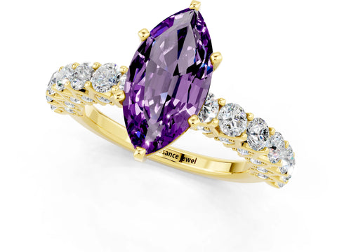 Yellow gold Marquise Cut Amethyst Solitaire Ring with Shared Prong Pavé Band and Four-Prong Setting_1