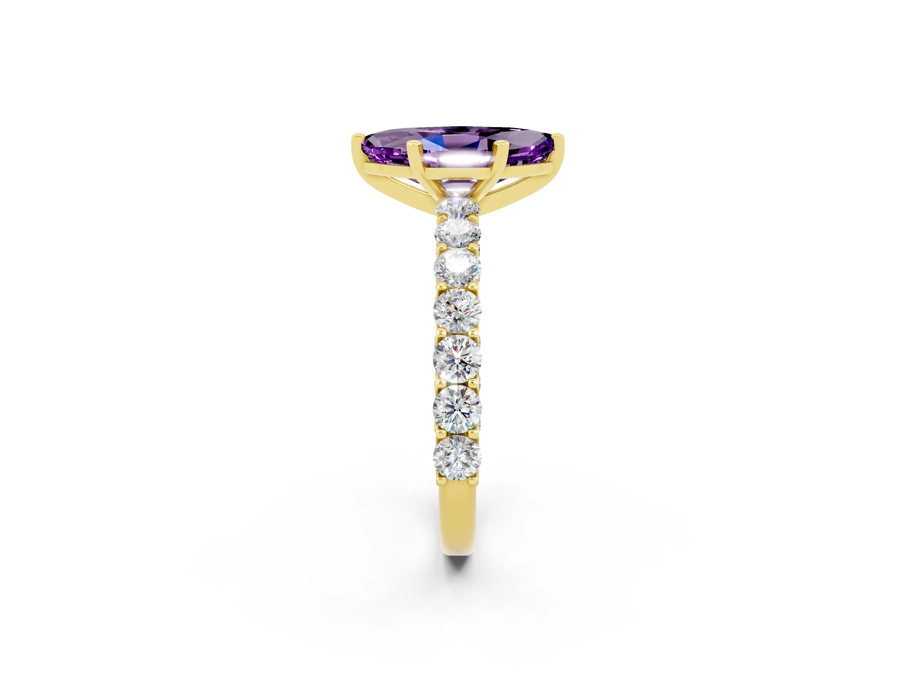 Yellow gold Marquise Cut Amethyst Solitaire Ring with Shared Prong Pavé Band and Four-Prong Setting_2