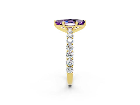 Yellow gold Marquise Cut Amethyst Solitaire Ring with Shared Prong Pavé Band and Four-Prong Setting_2