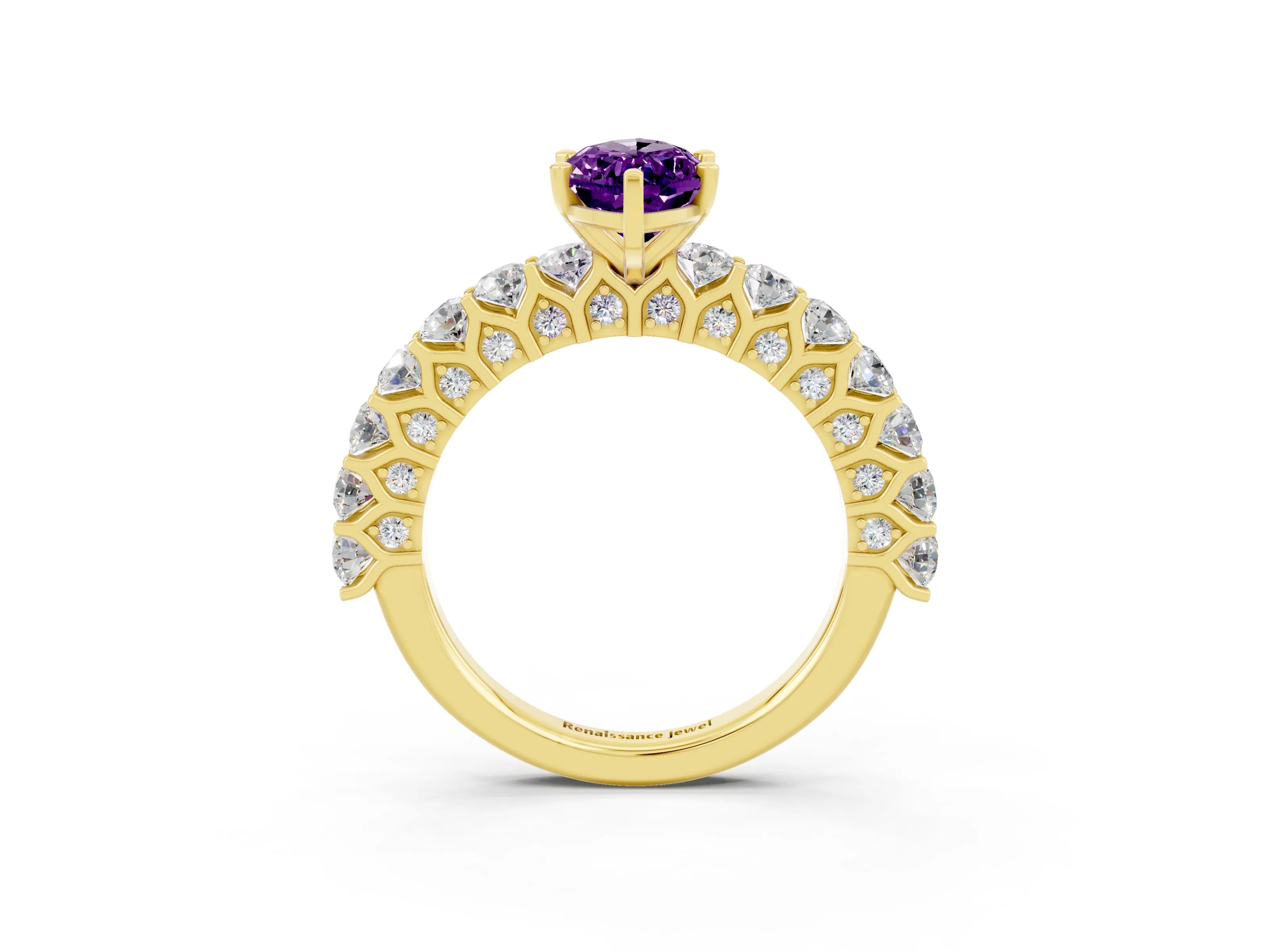 Yellow gold Marquise Cut Amethyst Solitaire Ring with Shared Prong Pavé Band and Four-Prong Setting_3