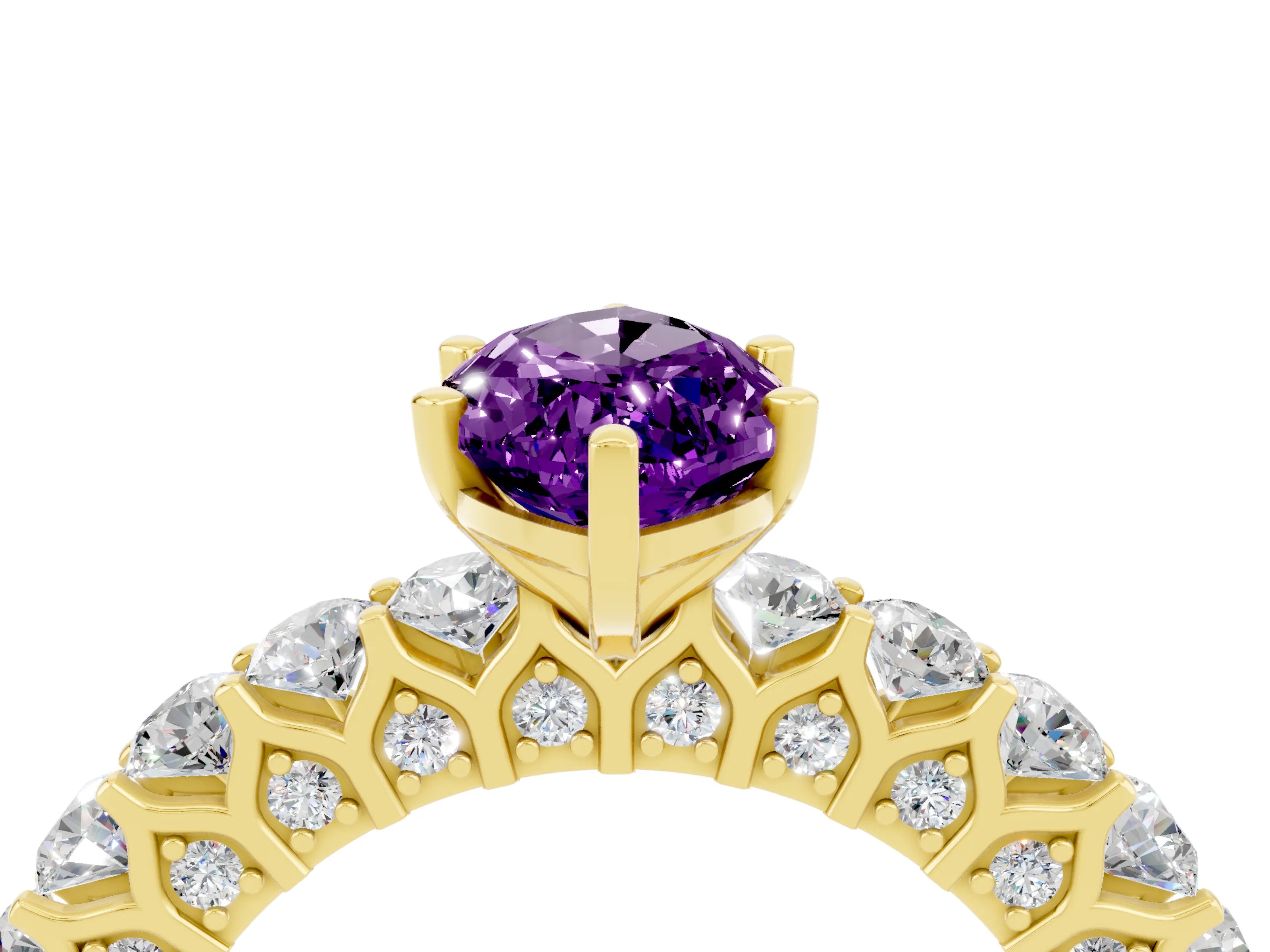 Yellow gold Marquise Cut Amethyst Solitaire Ring with Shared Prong Pavé Band and Four-Prong Setting_4