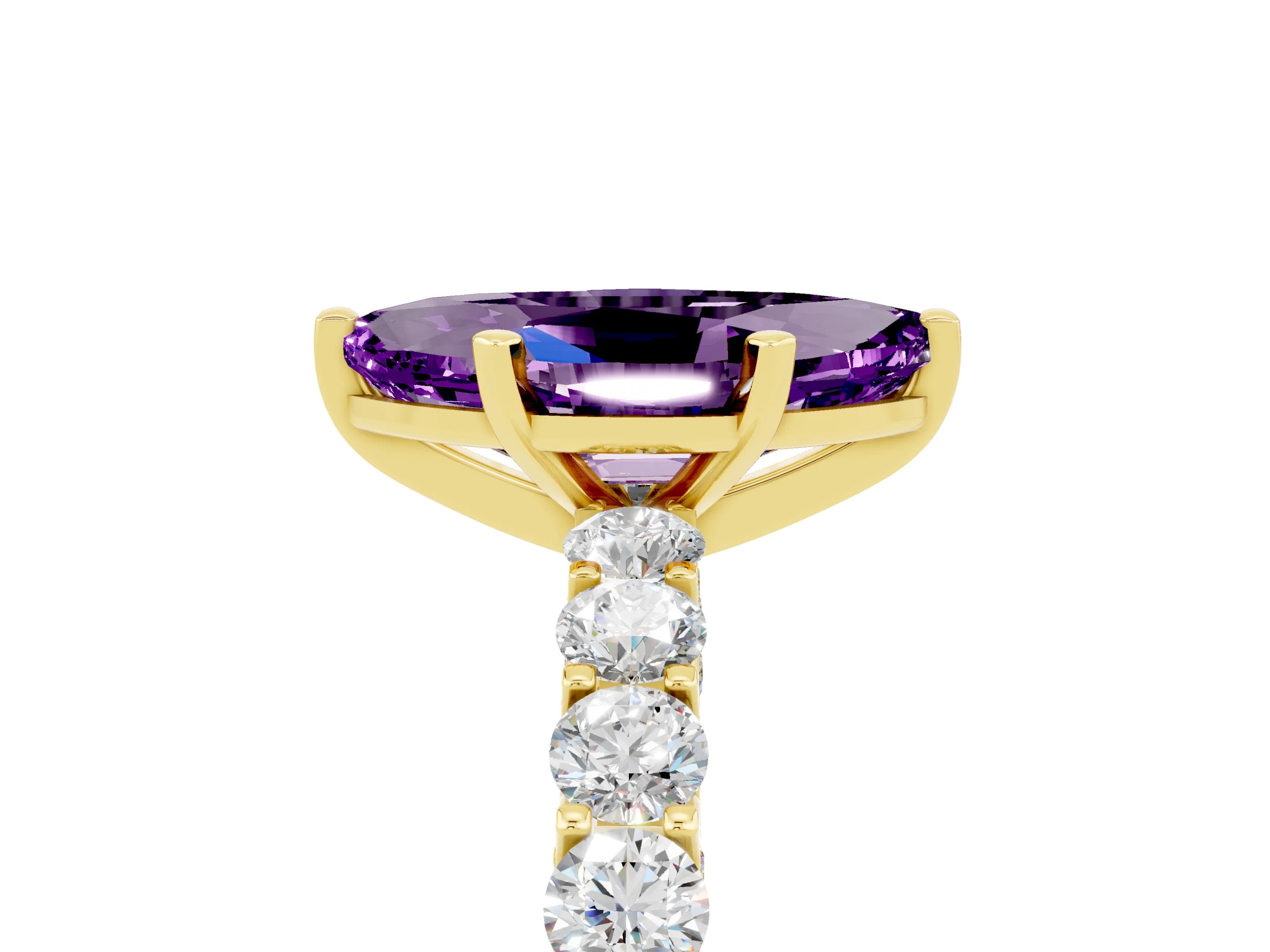 Yellow gold Marquise Cut Amethyst Solitaire Ring with Shared Prong Pavé Band and Four-Prong Setting_5