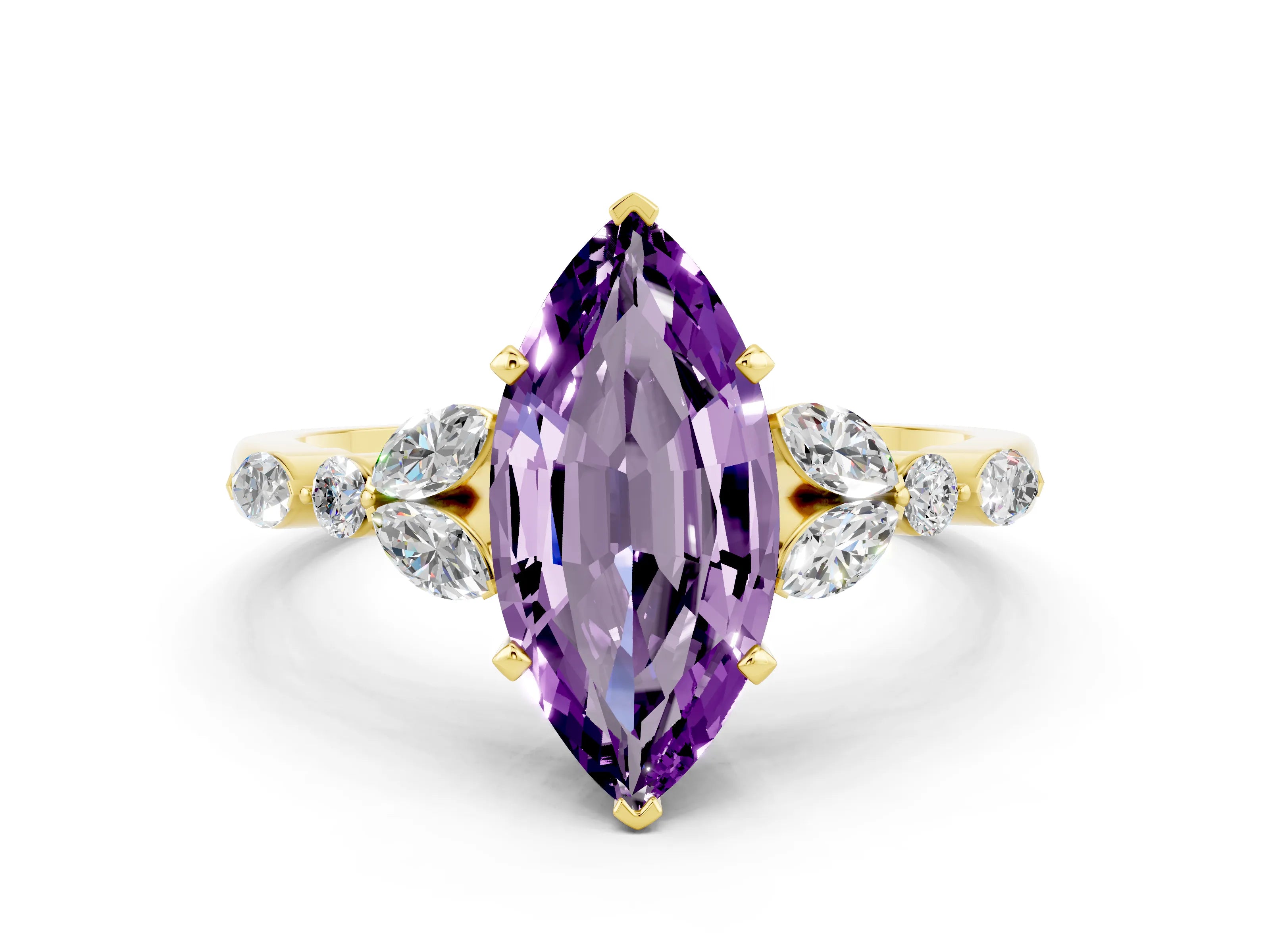 Yellow gold Marquise Cut Amethyst Solitaire Ring with Side Stones and Four-Prong Setting_12