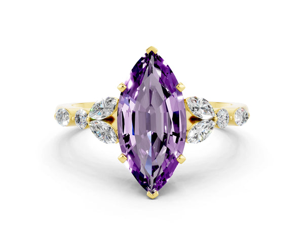 Yellow gold Marquise Cut Amethyst Solitaire Ring with Side Stones and Four-Prong Setting