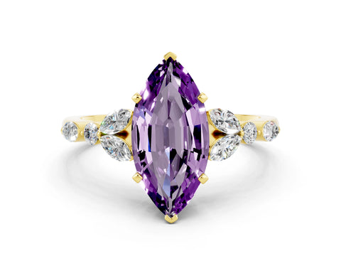 Yellow gold Marquise Cut Amethyst Solitaire Ring with Side Stones and Four-Prong Setting_12