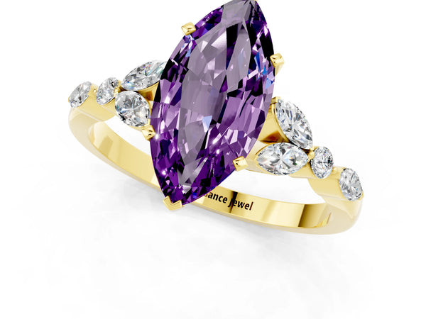 Yellow gold Marquise Cut Amethyst Solitaire Ring with Side Stones and Four-Prong Setting