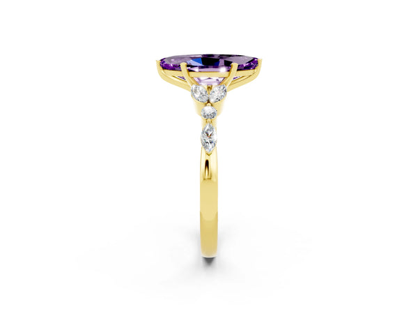 Yellow gold Marquise Cut Amethyst Solitaire Ring with Side Stones and Four-Prong Setting