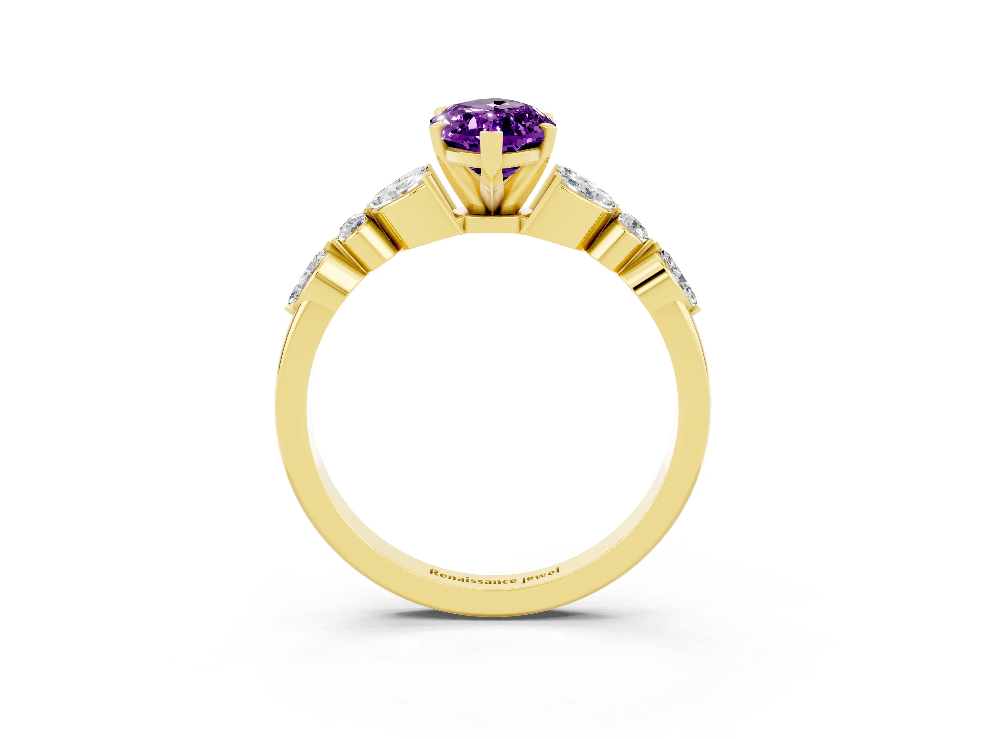 Yellow gold Marquise Cut Amethyst Solitaire Ring with Side Stones and Four-Prong Setting_15