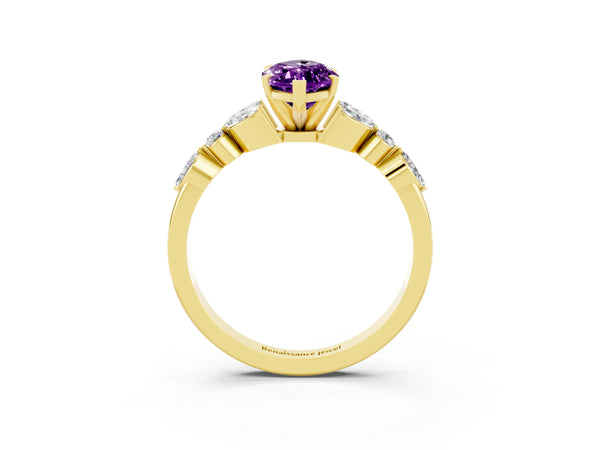 Yellow gold Marquise Cut Amethyst Solitaire Ring with Side Stones and Four-Prong Setting