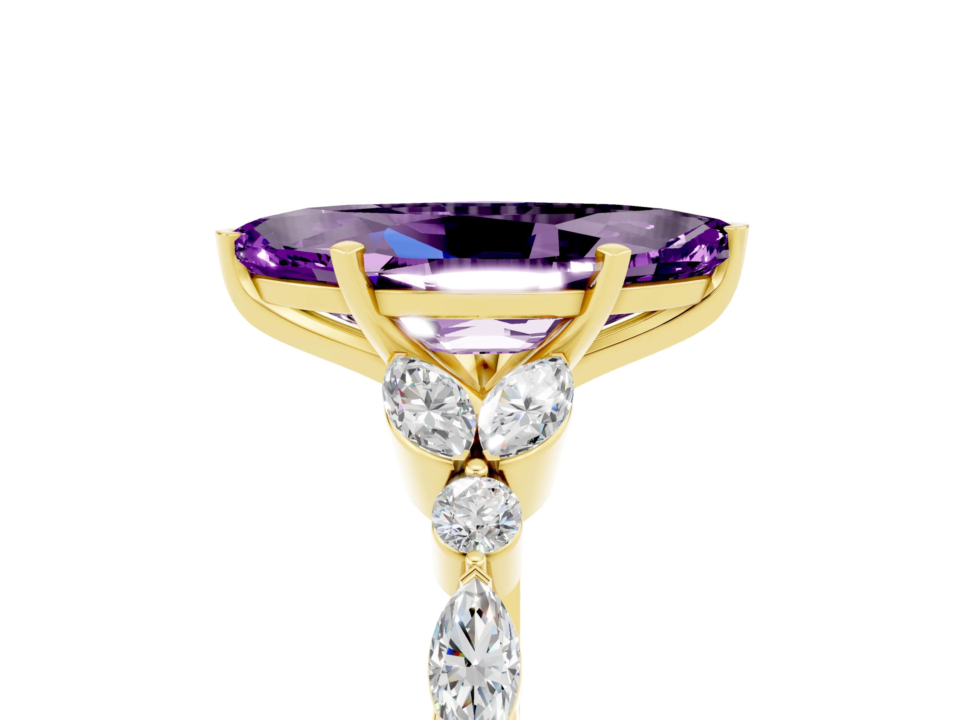 Yellow gold Marquise Cut Amethyst Solitaire Ring with Side Stones and Four-Prong Setting_17