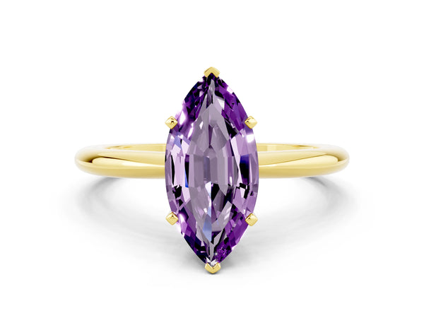 Yellow gold Marquise Cut Amethyst Solitaire Ring with Six-Prong Setting and Classic Band